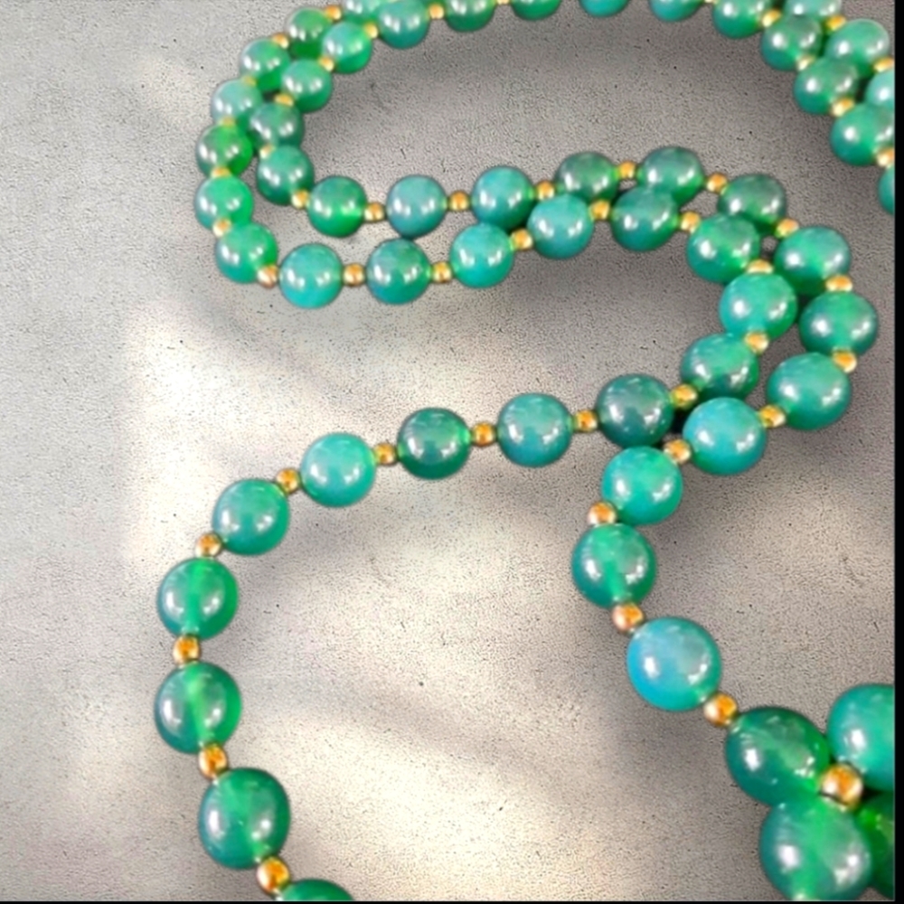green gemstone necklace 10k gold Plate beads onyx Or Agate Translucent No Clasp